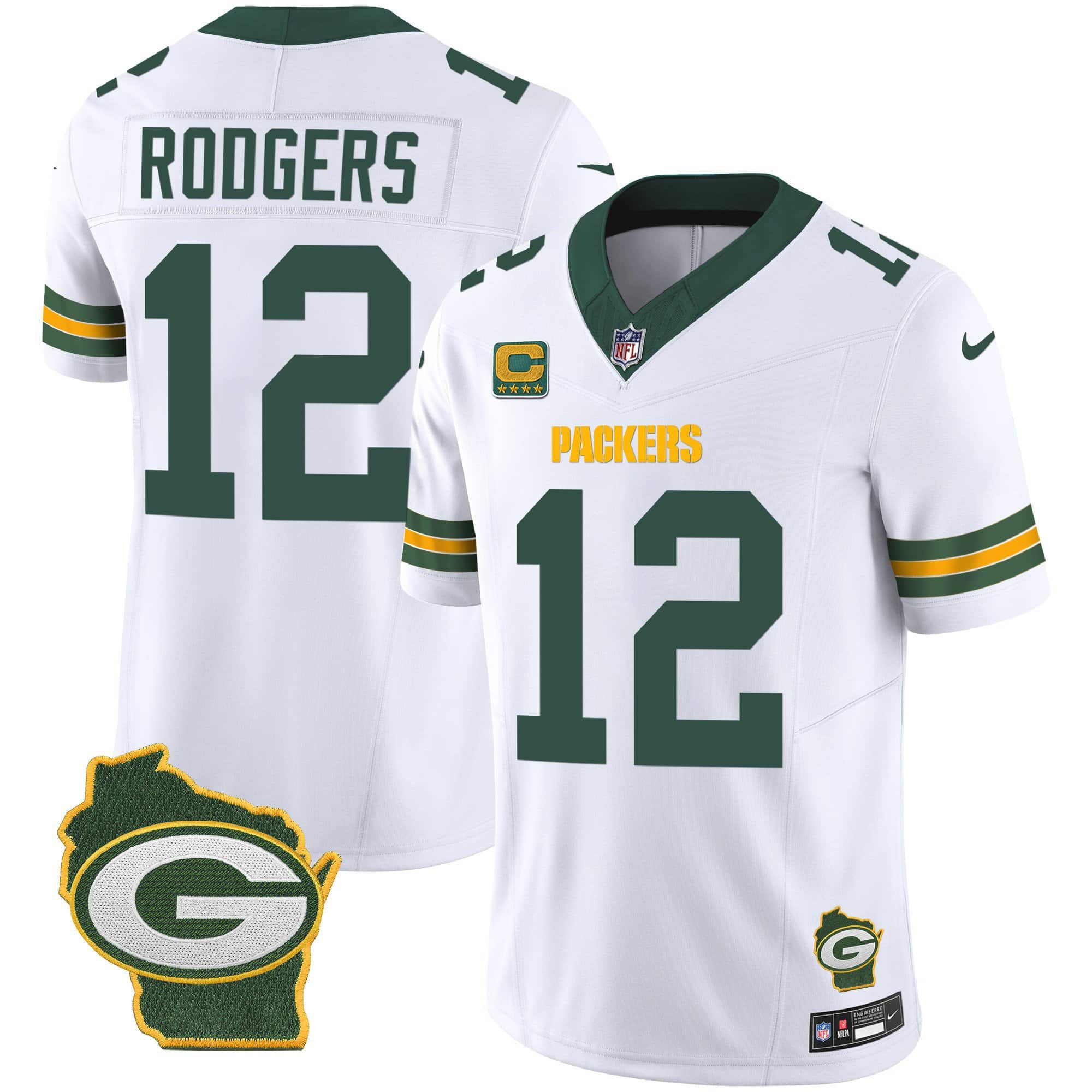 Men Green Bay Packers 12 Rodgers White 2024 Nike Home Patch Vapor NFL Jersey
